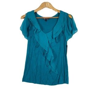 I.N. Studio Blue Ruffle Top Womens Size S Flutter Sleeves V neck Blouse NWT